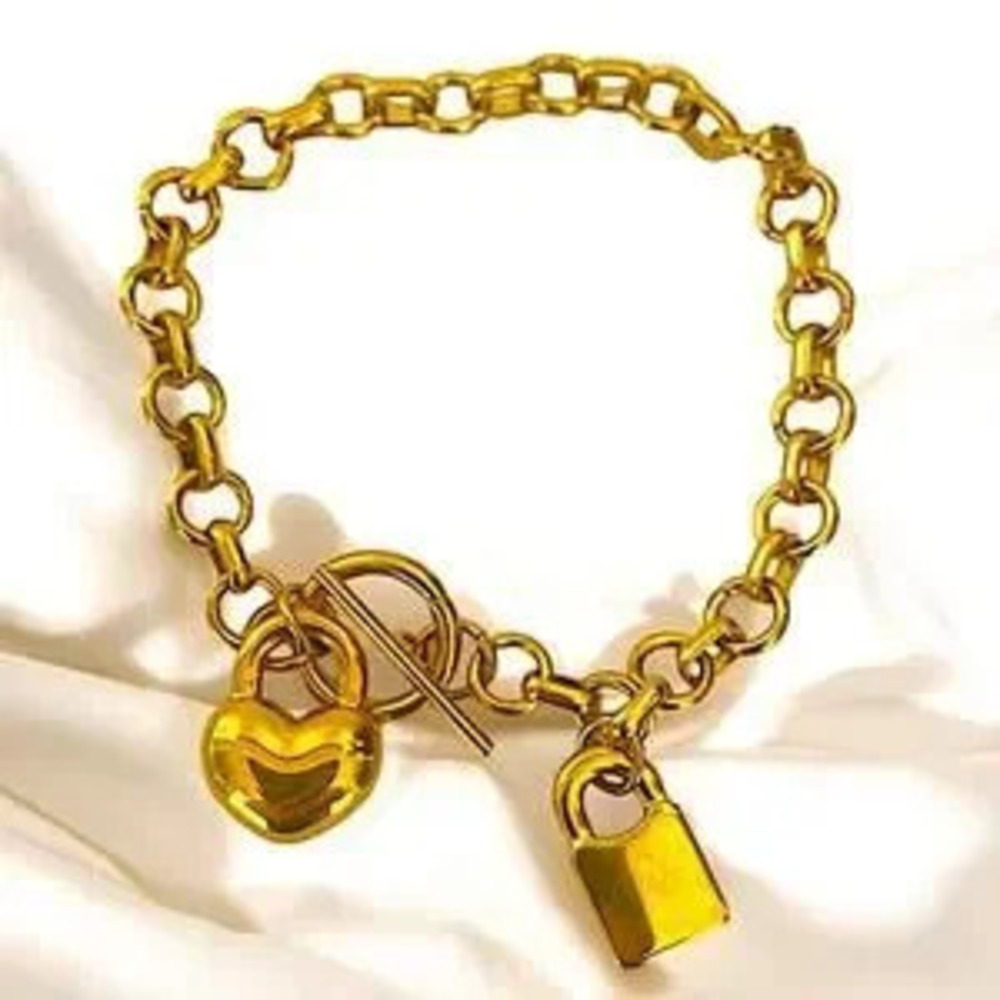 Gold Stainless Steel Heart Lock Chain Link Bracelet